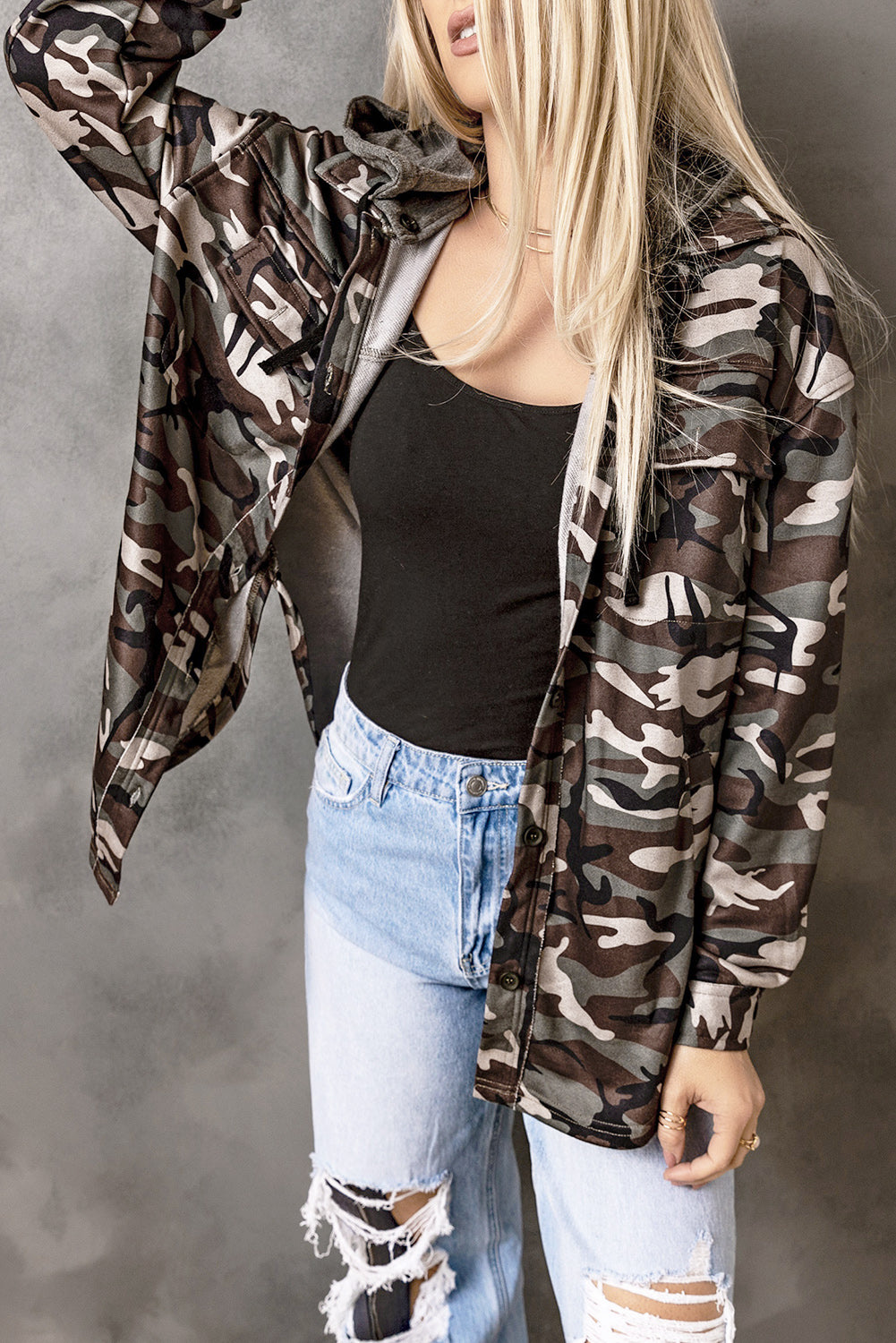 Camo Print Button Up Hooded Jacket | Green