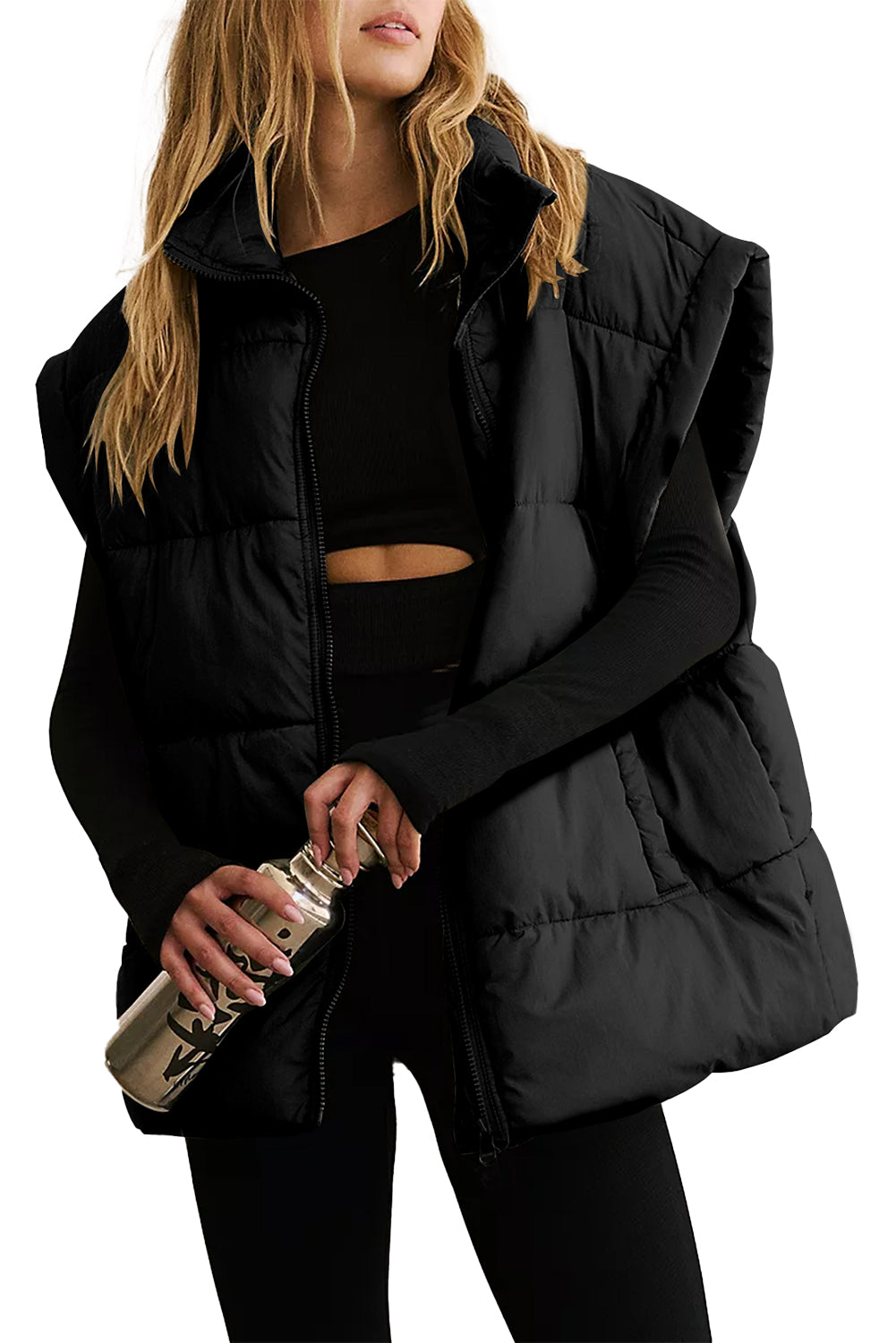 Solid Zipper Stand Neck Oversized Puffer Vest | Black