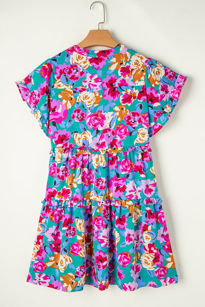 Rose Floral Print Ruffled Short Dress | Green