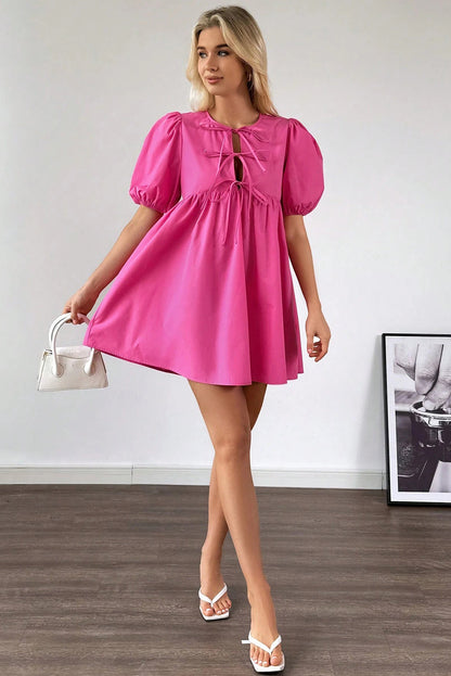 Solid Colour Puff Sleeve Tie Front High Waist Mini Dress | Bright Pink