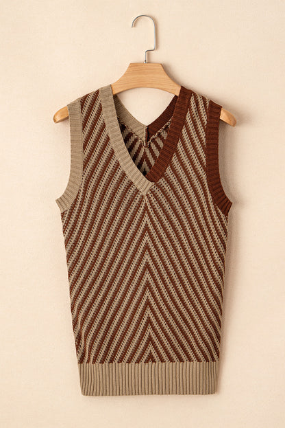 Contrast Chevron Knit V Neck Sweater Vest | Light French Beige