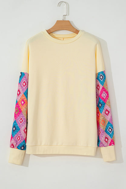 Geometric Printed Patchwork Long Sleeve Round Neck Top | Apricot