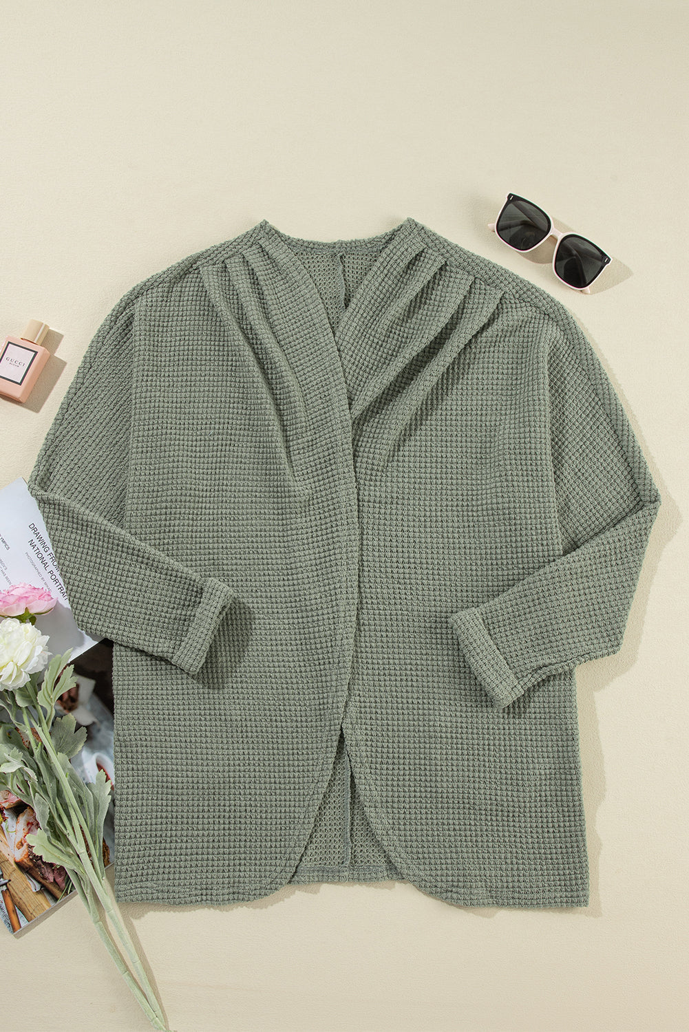 Waffle Knit Open Front Cardigan | Laurel Green