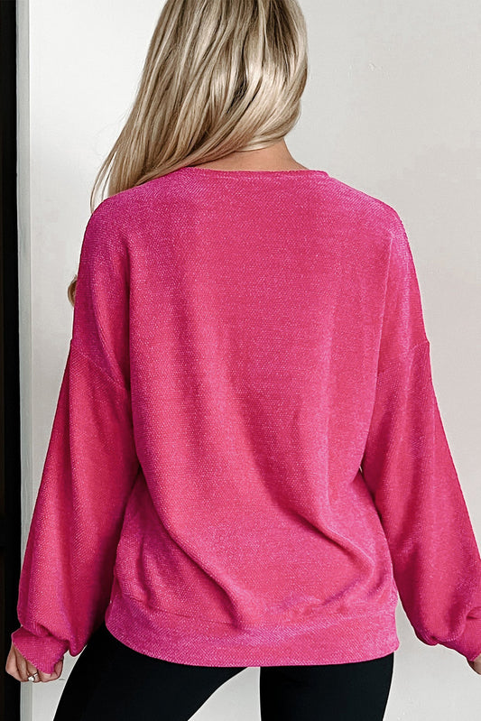 Textured Long Sleeve V Neck Top | Rose Red