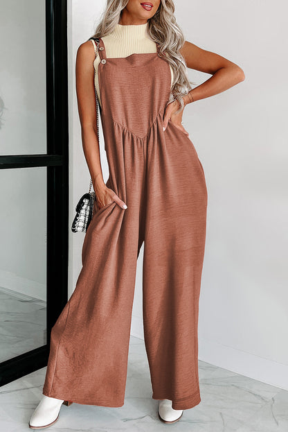 Textured Buttoned Straps Ruched Wide Leg Jumpsuit | Gold Flame