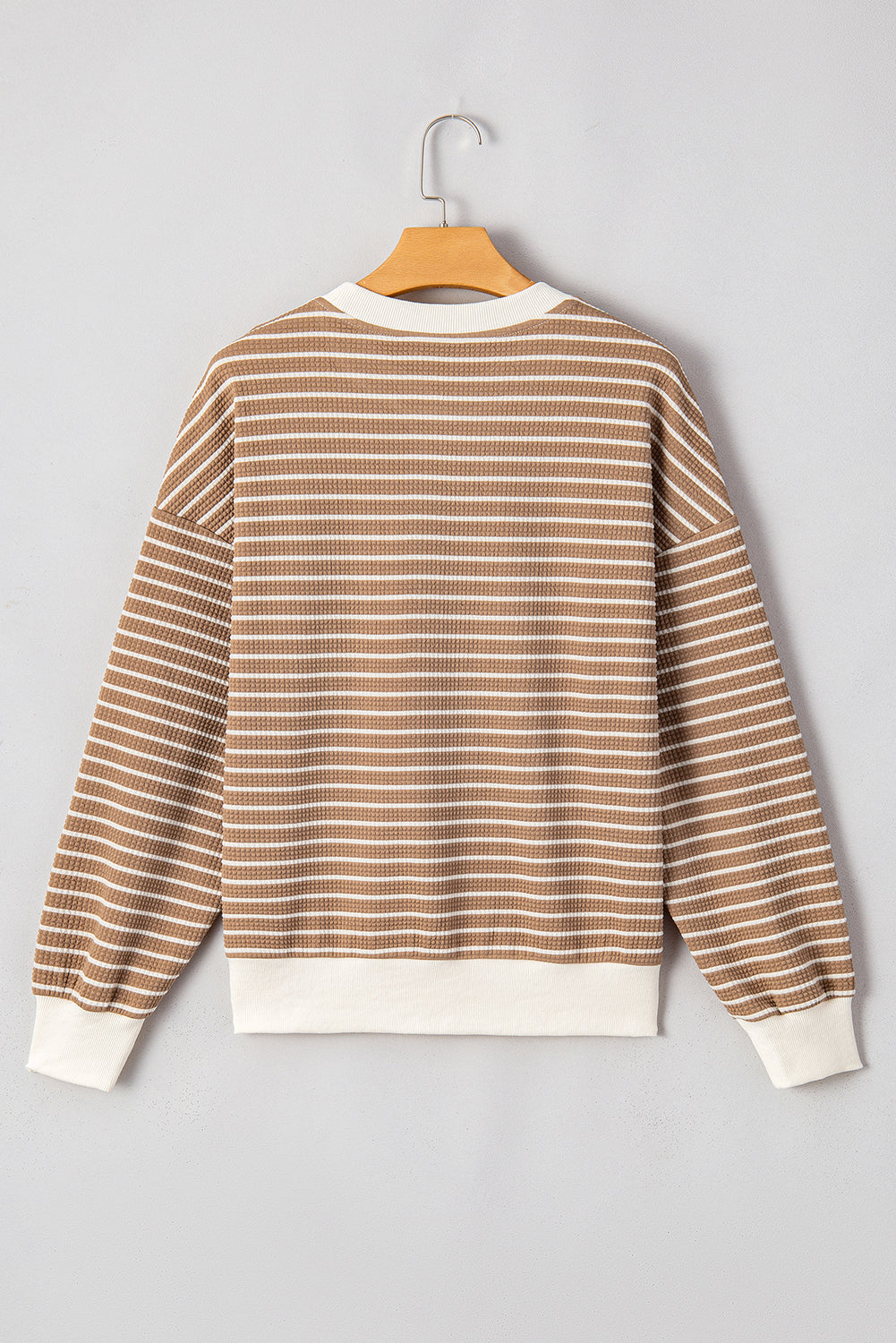 Patched Edge Textured Round Neck Long Sleeve Top | Khaki Stripe