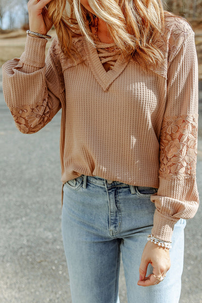 Lace Waffle Patchwork Strappy V Neck Long Sleeve Top | Apricot