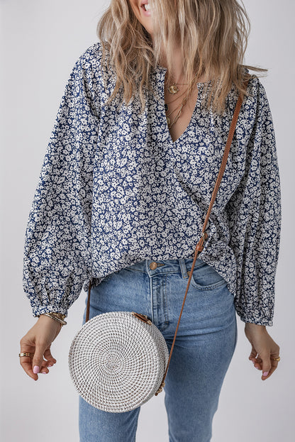 Floral Print Notched V Neck Puff Sleeve Blouse | Blue