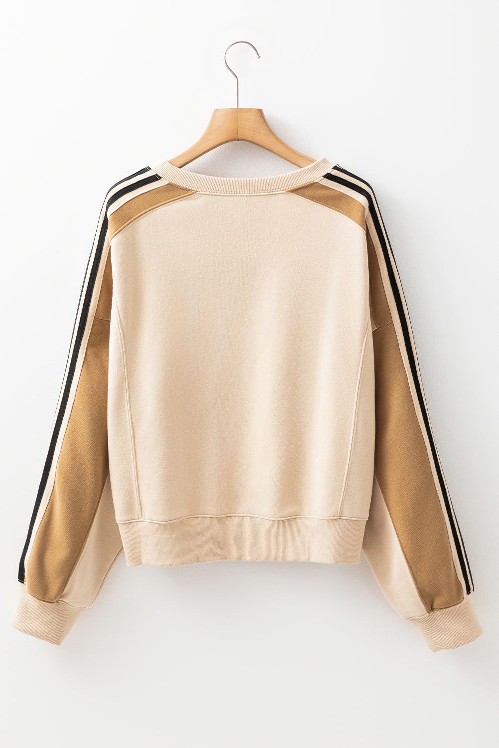 Contrast Striped Patchwork Drop Shoulder Loose Sweatshirt | Beige