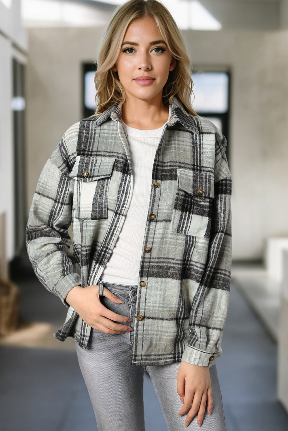 Plaid Flap Pockets Shacket | Medium Grey