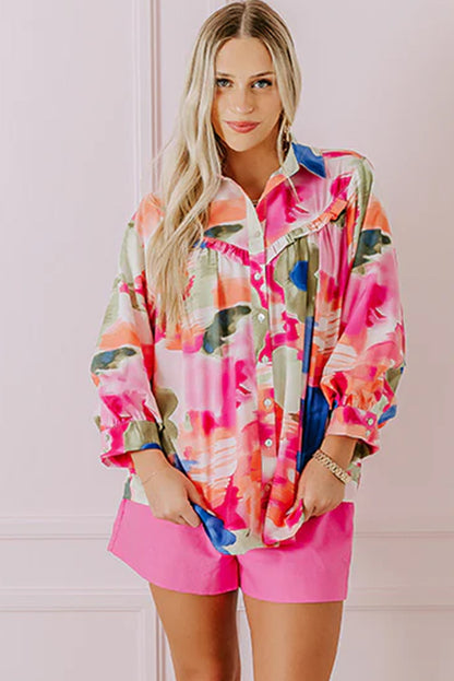 Abstract Print Ruffled Puff Sleeve Shirt | Rose