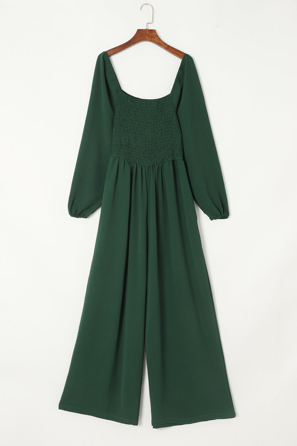 Smocked Square Neck Long Sleeve Wide Leg Jumpsuit | Green