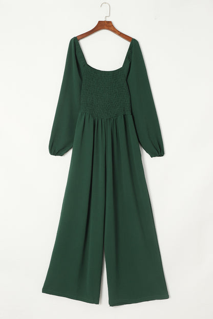 Smocked Square Neck Long Sleeve Wide Leg Jumpsuit | Green