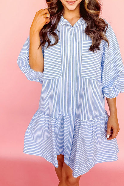 Bubble Sleeve Chest Pockets Buttoned Shirt Dress | Sky Blue Stripe