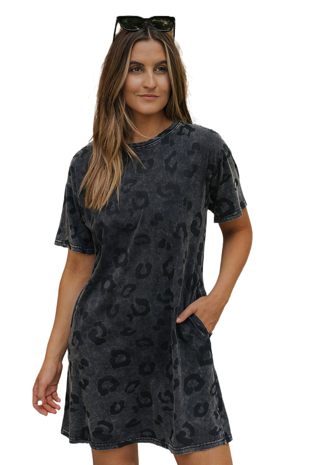 Vintage Washed Leopard T-Shirt Dress With Pockets | Gray