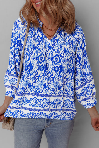 Boho Printed 3/4 Sleeve Tied Neck Blouse | Blue