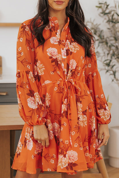 Vintage Floral Print Drawstring Flowy Dress | Orange