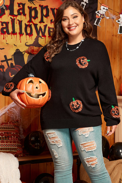 Plus Size Halloween Sequined Pumpkin Pattern Sweater | Black