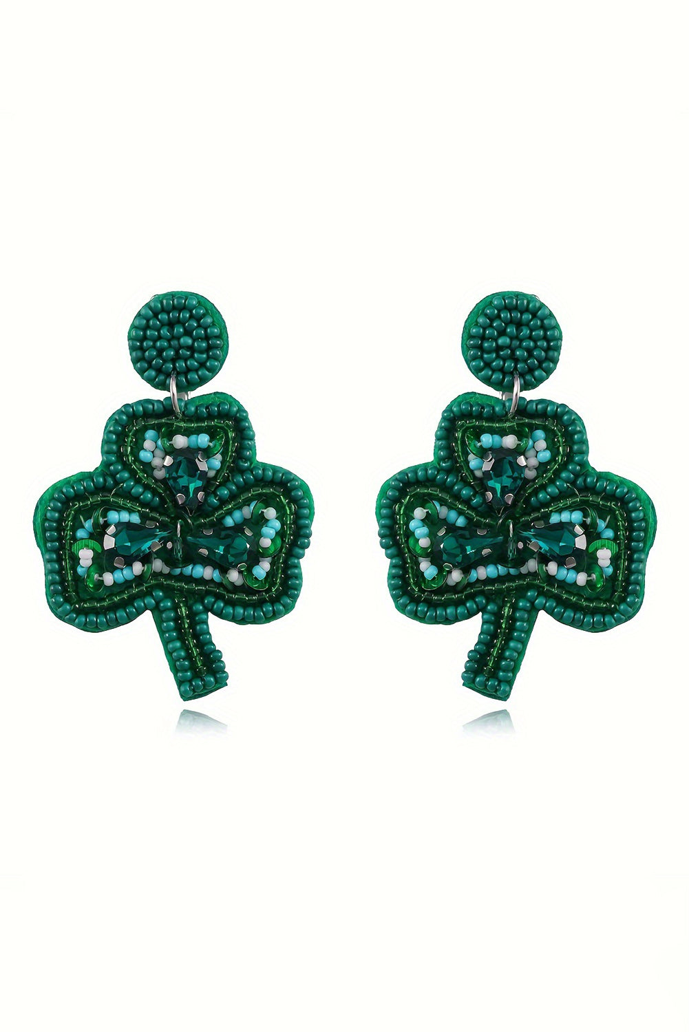 St Patrick Shamrock Rice Beaded Stud Earrings | Blackish Green