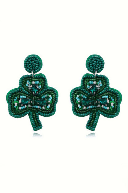 St Patrick Shamrock Rice Beaded Stud Earrings | Blackish Green