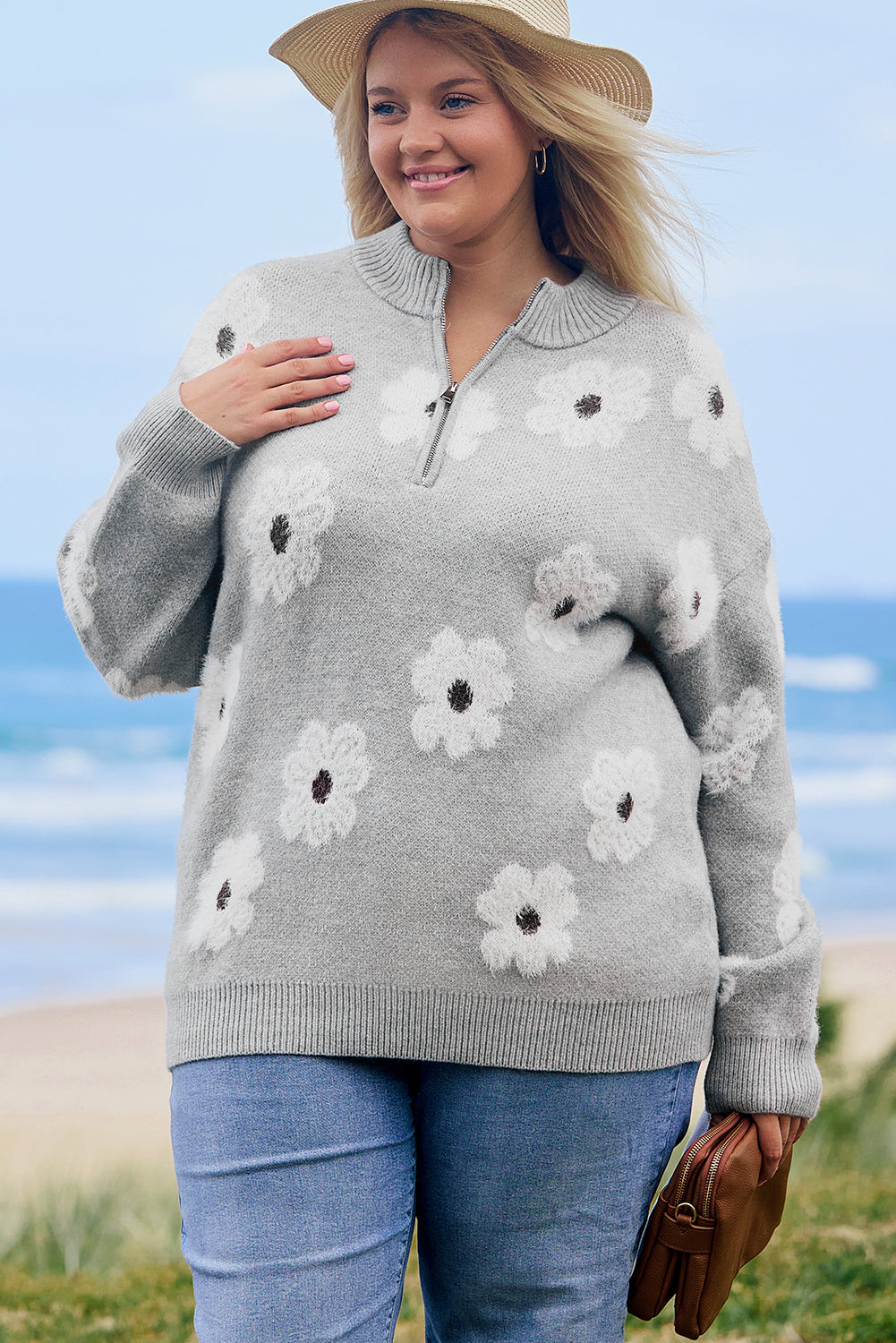 Plus Size Embroidered Floral Pattern Half Zip Sweater | Gray