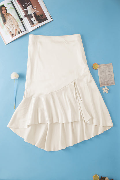 Satin Split Ruffled High Waist Plus Size Skirt | Beige