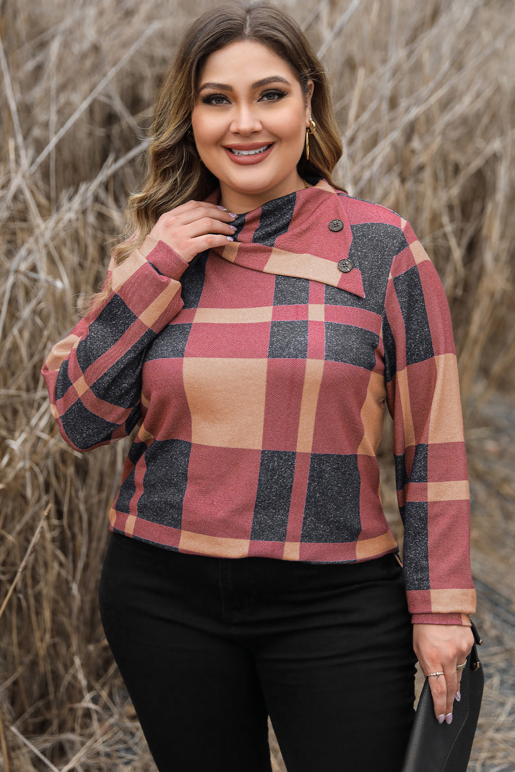 Plus Size Plaid Print Button Decor Asymmetric Neck Top | Mineral Red