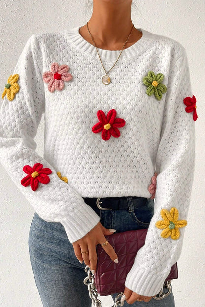 Colourful Flower Applique Textured Knit Sweater | White