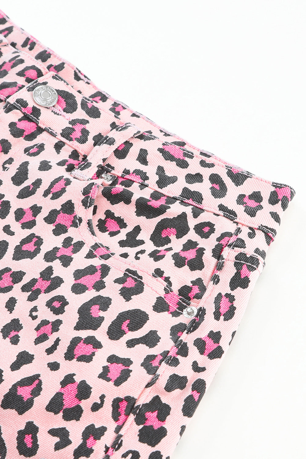 Leopard Print Raw Hem Denim Shorts | Pink