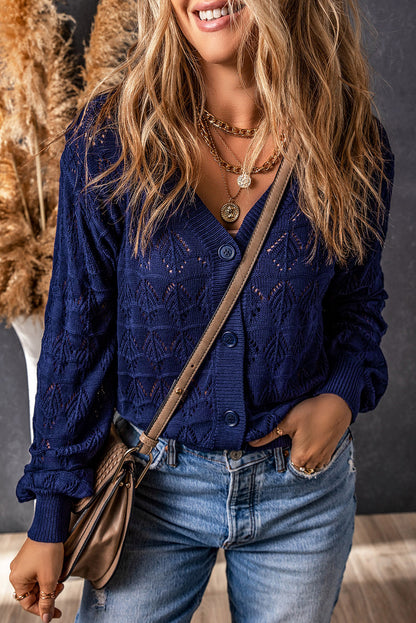 Lightweight Buttoned Front Crochet Cardigan | Blue