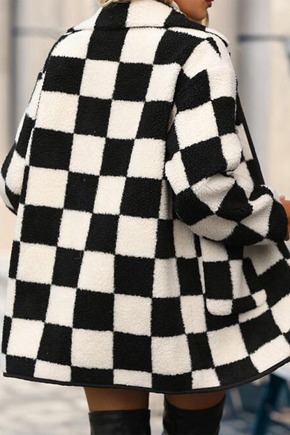 Checkered Side Pockets Collared Buttoned Fleece Jacket | Black