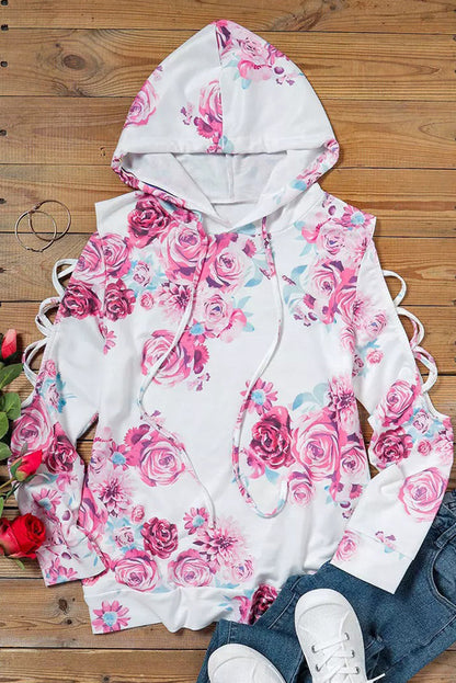 Floral Print Criss-Cross Cold Shoulder Hoodie | White