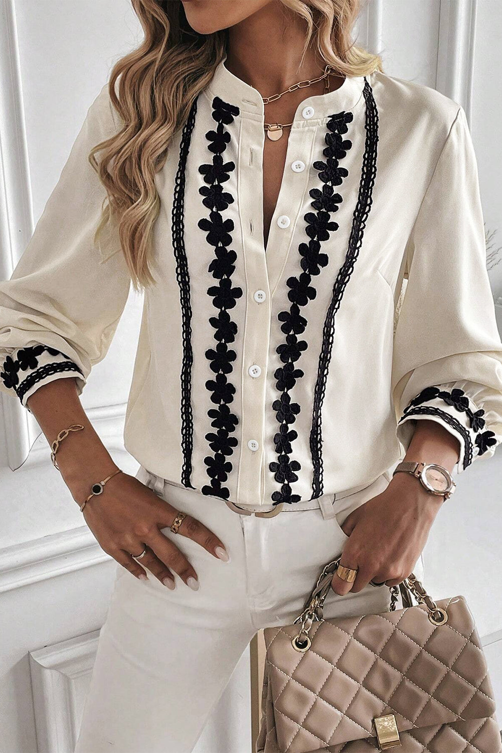 Floral Embroidered Stand Neck Buttoned Shirt | Beige