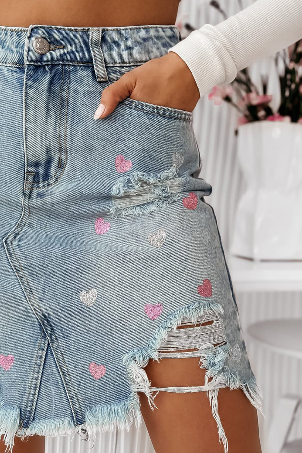 Shimmer Heart Pattern Distressed Denim Mini Skirt | Beau Blue