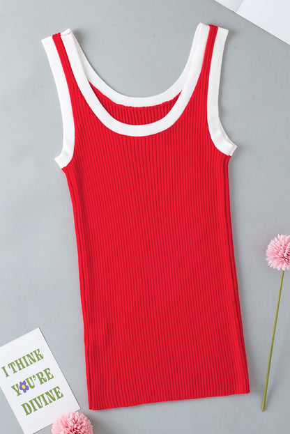 Colourblock Edge Ribbed Knit U Neck Tank Top | Fiery Red