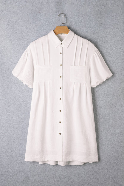 Half Puff Sleeve Buttoned Shirt Mini Dress | White