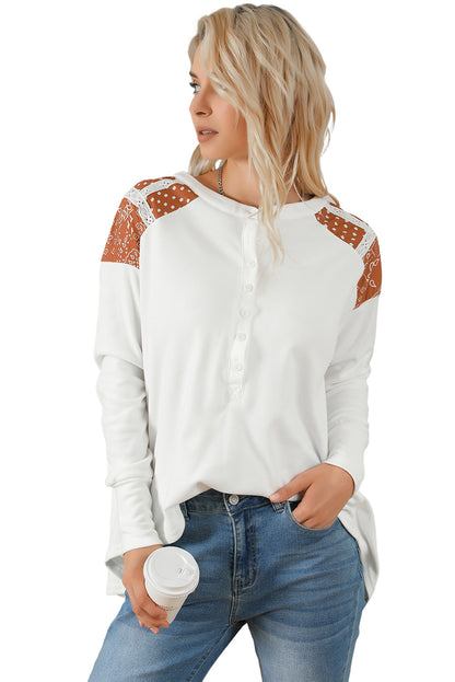 Contrast Crochet Lace Henley Top | White