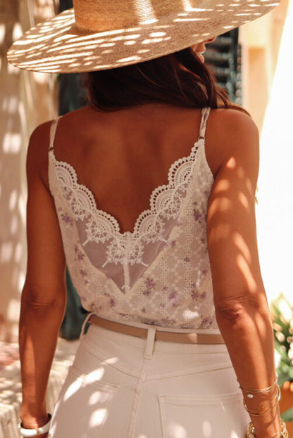 Flower Embroidered Lace Crochet V Neck Tank Top | White