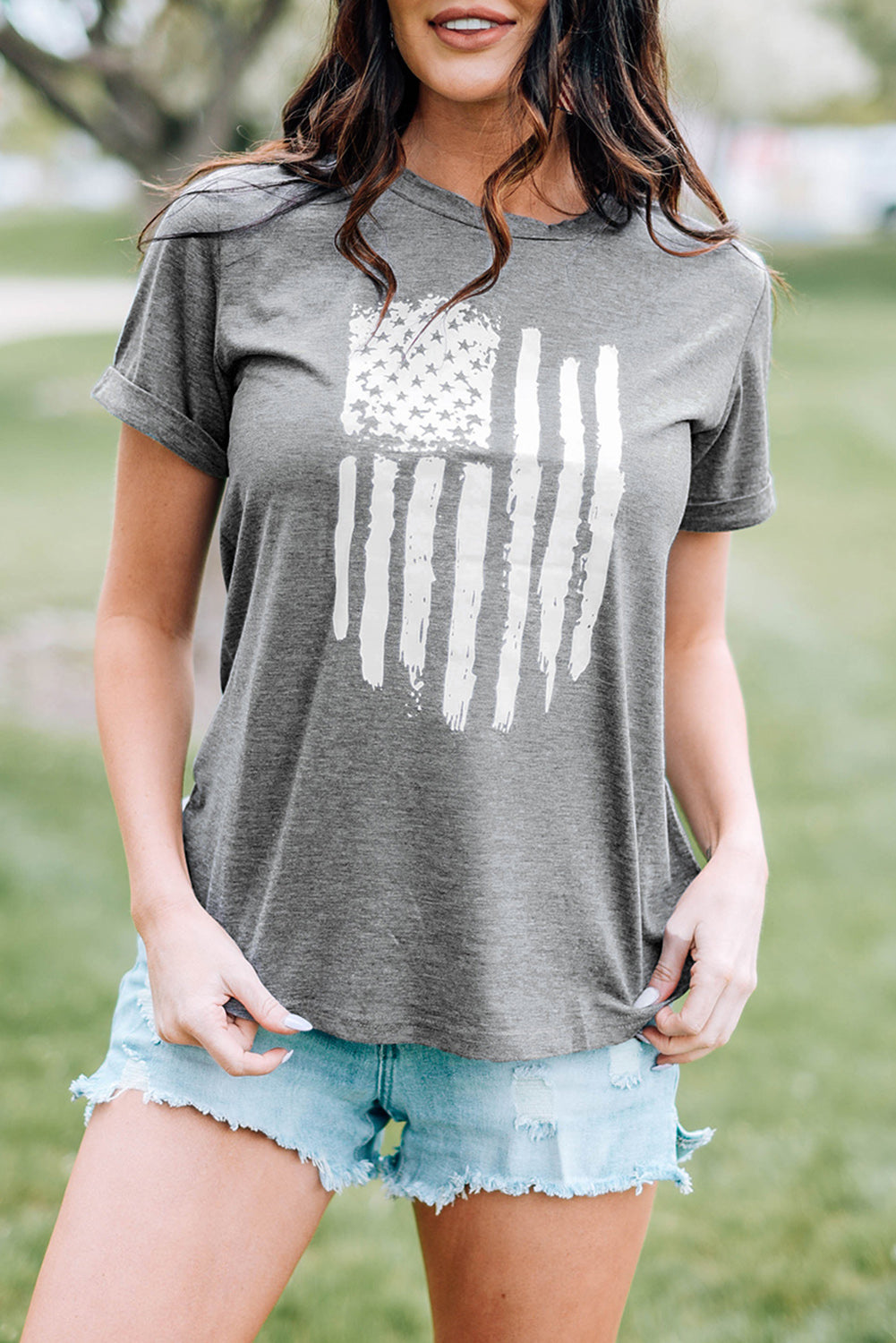 Gray America Flag Print Crewneck T-shirt