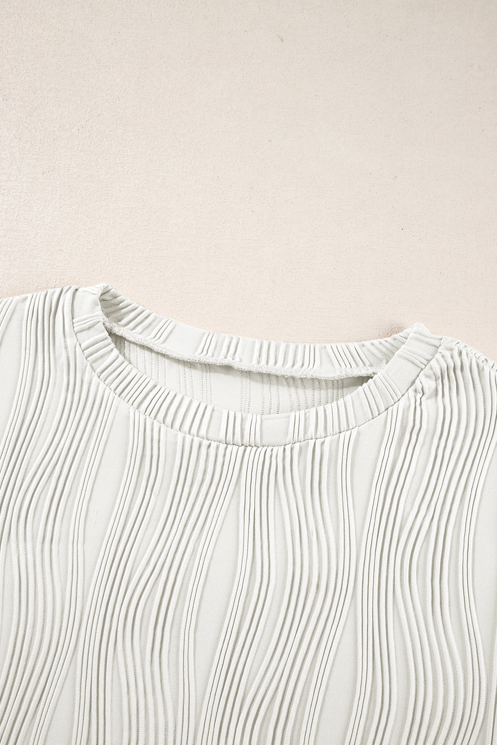 Textured Wavy Round Neck Long Sleeve Top | White