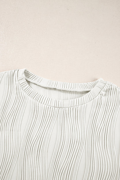 Textured Wavy Round Neck Long Sleeve Top | White