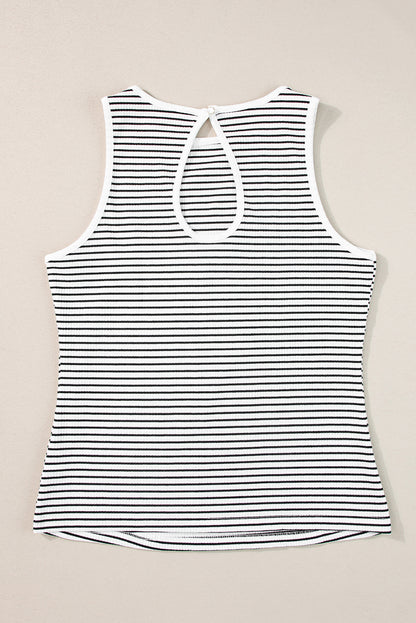 Striped Print Ribbed Knit Sleeveless Top | White