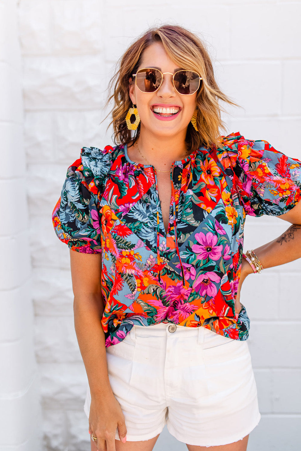 Floral Print Ruffle Trim Bubble Sleeve Split Neck Blouse | Multicolour