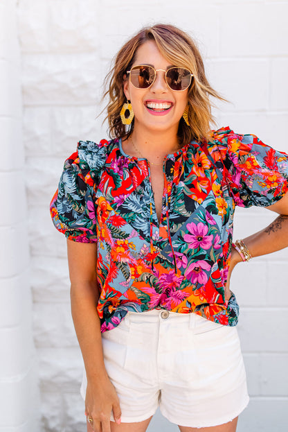 Floral Print Ruffle Trim Bubble Sleeve Split Neck Blouse | Multicolour