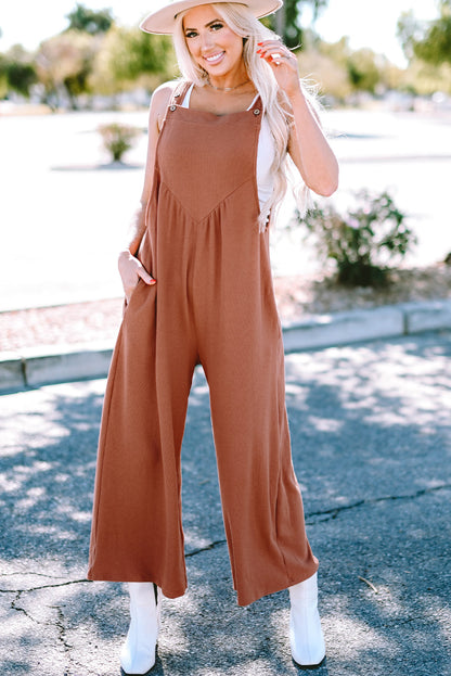 Textured Buttoned Straps Ruched Wide Leg Jumpsuit | Gold Flame