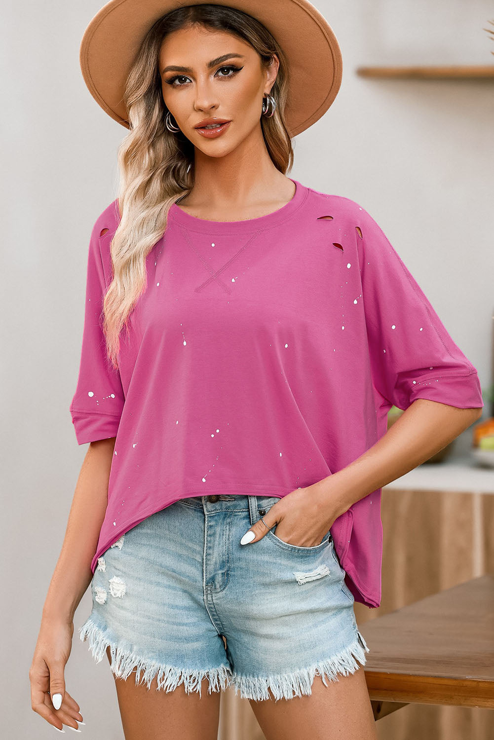 Distressed Bleached Asymmetric Hem Short Sleeve Top | Pink