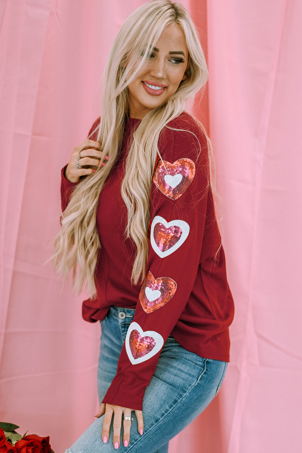 Sequined Heart Printed Sleeves Valentine Fashion Top | Red