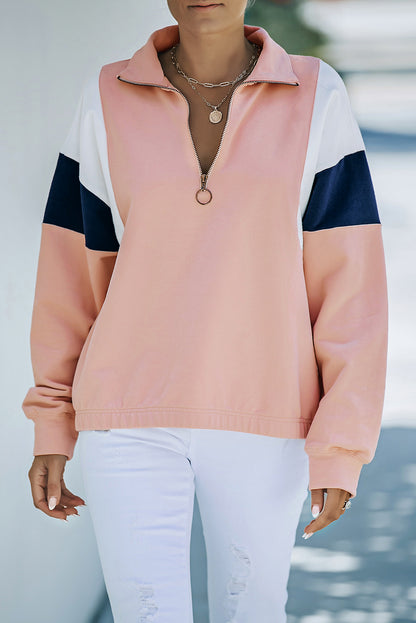 Colour Block Patch Bicep Quarter Zip Sweatshirt | Pink