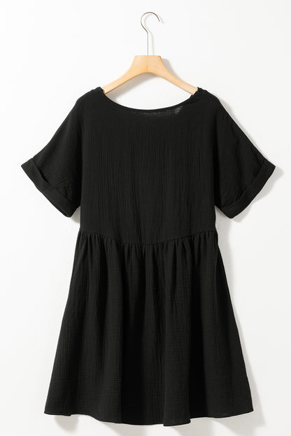 Folded Short Sleeve Lace V Neck Mini Dress | Black