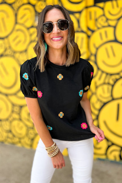 Embroidered Flower Short Puff Sleeve Tee | Black